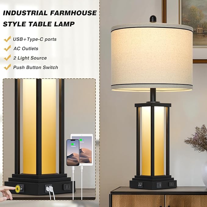 27" Tall Vintage Table Lamp Set of 2 with USB C+A & Outlet,Farmhouse Nightstand Lamp for Living Room,Rustic Retro Bedside Lamps with Red-Orange Glass Night Light for Bedroom Entryway,Black-2