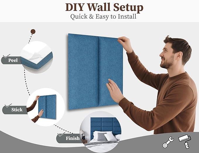 Peel and Stick Headboard for Queen Bed, 9PCS Upholstered Tufted Panels, Wall Mounted Headboard for Adjustable Bed, Bedroom Interior Decor, 10"x24" Each, Dack Blue