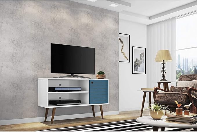 Manhattan Comfort Liberty Mid Century Modern TV Stand for Televisions up to 46 Inches, Bedroom and Living Room Entertainment Center with Storage, Shelves, and Cabinet, 43" Wide, White/Aqua Blue