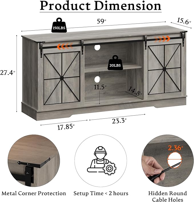 Farmhouse TV Stand for 55 60 65 Inch TV, Mid Century Modern TV Cabinet with Storage and Sliding Barn Doors, Easy Assembly, Entertainment Center Console Table for Bedroom Living Room -Wood Gray