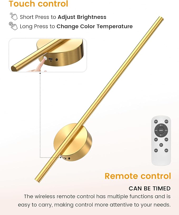 NIORSUN 27.6 Inch Battery Operated Wall Sconce Set of 2, Gold Minimalism Rechargeable Wall Lights with Remote, 3CCT Dimmable Wireless Wall Lamp for Living Room Bedroom Hallway