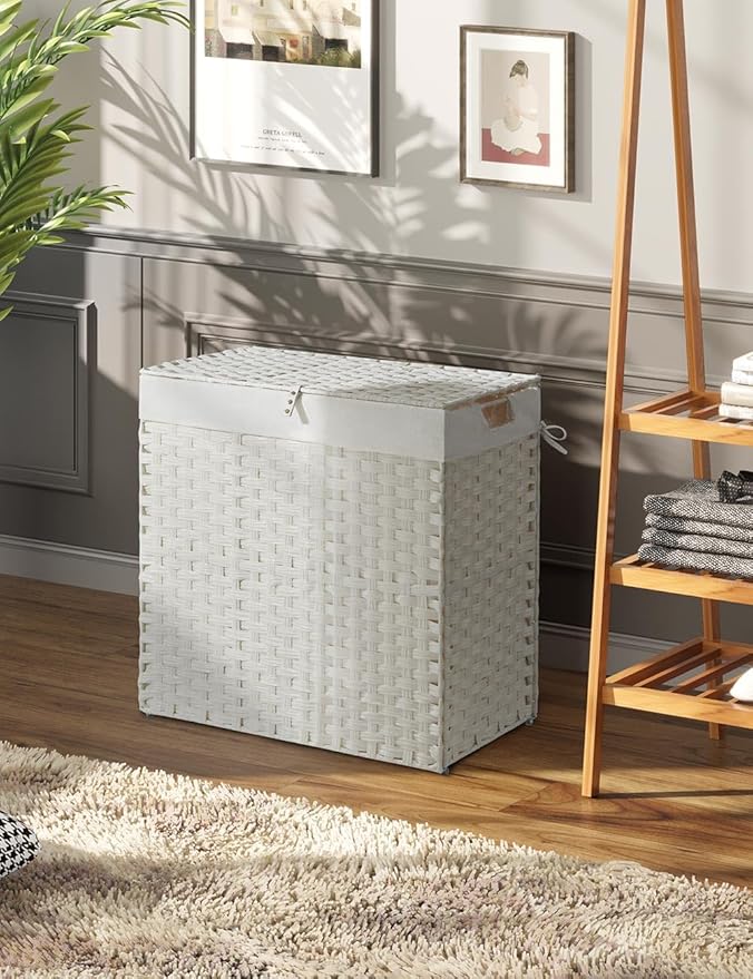 Greenstell Laundry Hamper with lid, No Install Needed, 110L Wicker Laundry Baskets Foldable 2 Removable Liner Bags, 2 Section Clothes Hamper Handwoven Rattan Laundry Basket with Handles, White