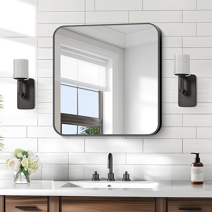 KOCUUY Square Bathroom Mirror, 24"x24" Black Rectangle Vanity Mirror, Black Metal Frame Mirror with Rounded Corner for Bathroom, Bedroom, Living Room, Entryway