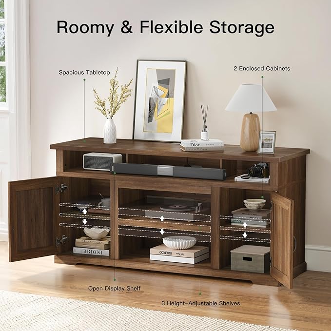 Marsail Modern Farmhouse TV Stand, Entertainment Center with Storage Cabinets, Adjustable Shelves and Power Outlets for Televisions up to 80 Inch, TV Console Table for Living Room, Brown