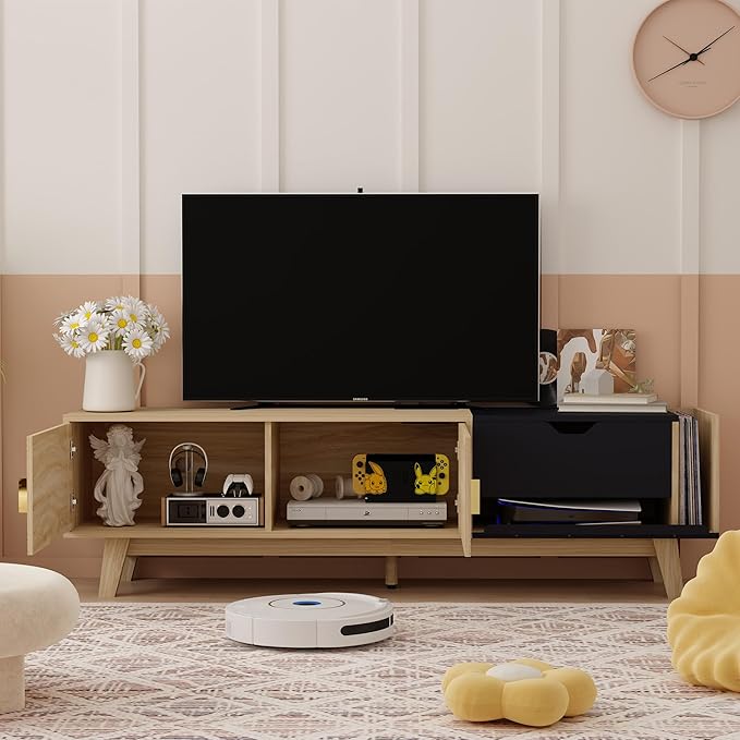 Modern TV Stand for TVs up to 70 Inch, Wood Entertainment Center with CD Storage Cabinet, TV Console Table with 2 Doors and Power Outlets, for Living Room (Natural & Black, 63inch)