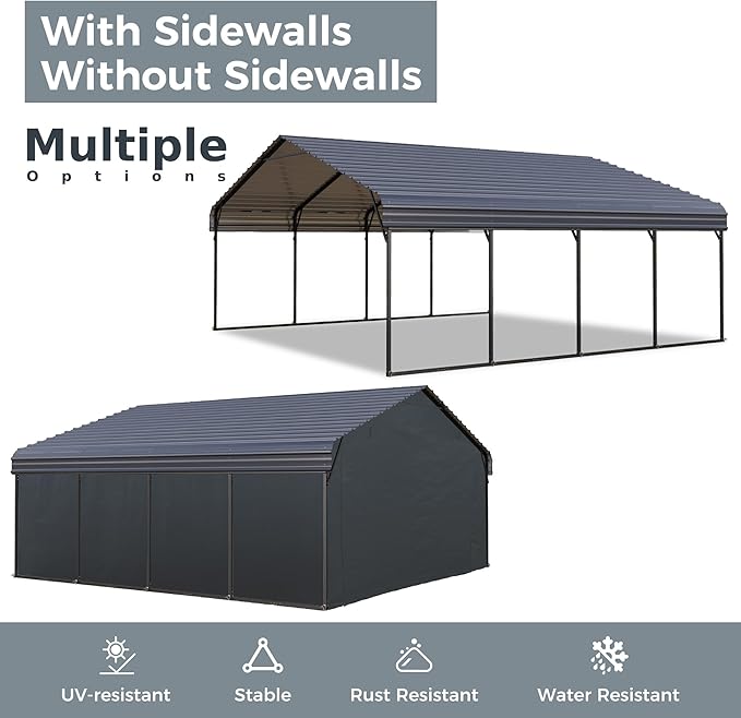 GREEN PARTY 20 x 20 ft Metal Carport Kits with Galvanized Steel Roof & Removable Sidewalls, Heavy Duty Metal Carport Canopy, Outdoor Car Tent Metal Garage Shelter for 2 Car, SUV, Truck and Boats, Gray