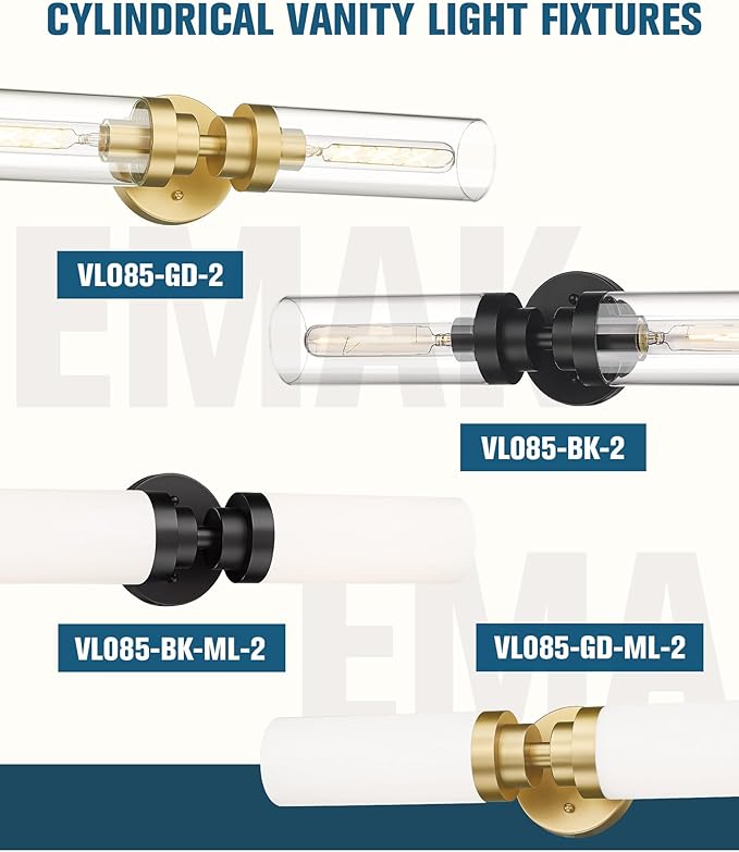 Emak Modern 22 Inch Gold Bathroom Light Fixtures Over Mirror, Cylinder Bathroom Vanity Lights for Mirror, 2-Light Wall Sconces with Clear Glass for Bathroom, Bedroom, Hallway, VL085-GD-2