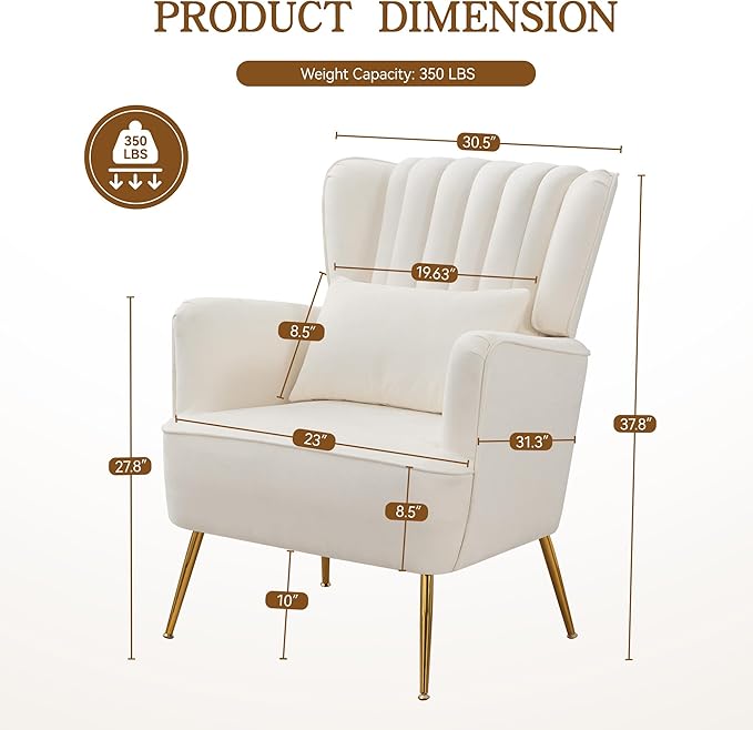 Fabric Accent Living Room Arm Chair with Pillow & Golden Legs, 8.5" Thick Cushion, Mid Century Modern Wingback Chairs Upholstered Comfy Sofa Armchair for Reading Room/Bedroom, White