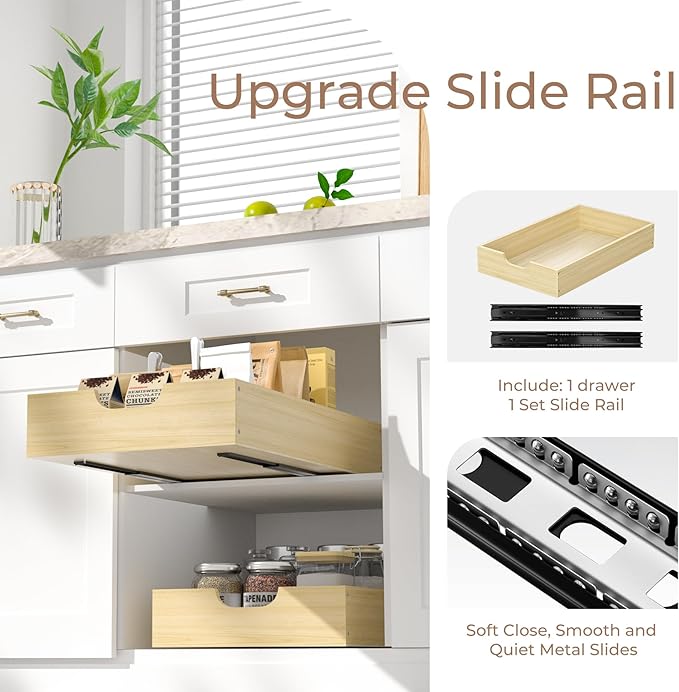 COOLBEBE Pull Out Cabinet Drawer, Soft Close Pull Out Organizer for Cabinets, Solid Wood Cabinet Drawers Slide out, Pull Out Shelves in Kitchen, Pantry, Bathroom, Bottom Assembly (14INCH)