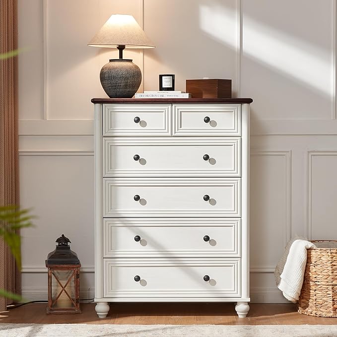 Farmhouse 6 Drawer Dresser, Chest of Drawers for Bedroom, 43.5" Tall Wood White Kids Dresser with Roman Column and Metal Handles, Storage Dressers Organizer for Living Room, Hallway, Closet