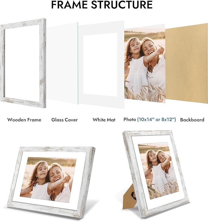 10x14 Picture Frame with Real Glass - 8x12 Wooden Frame with Mat, Horizontal and Vertical Display for Wall or Tabletop (Distressed White, 1 Pack)