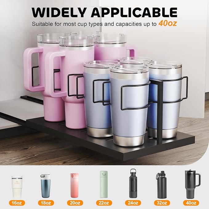 Pull Out Stanley Cup 0rganizer, Tumbler Organizer for Cabinets, Stainless Steel Water Bottle Organizer for 16 to 40oz Cup, Black