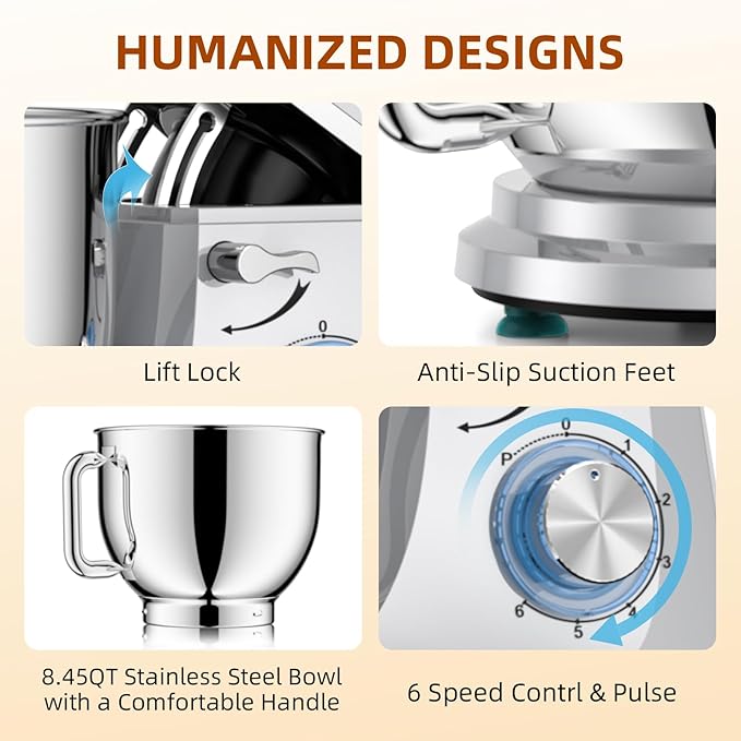 8.45 QT Stand Mixer - 660W 6 Speed Large Capacity Kitchen Electric Mixer with Whisk Dough Hook Mixing Beater Household Food Mixer for Baking Cakes Cookie Bread Salad (Silver)