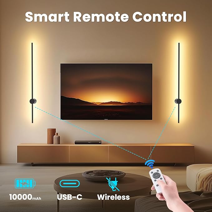 NIORSUN 35.4 Inch Battery Operated Wall Sconce Set of 2,Black Minimalist Rechargeable LED Wall Lights with Remote, 10 Colors Dimmable Wireless Wall Sconce for Living Room Bedroom Hallway