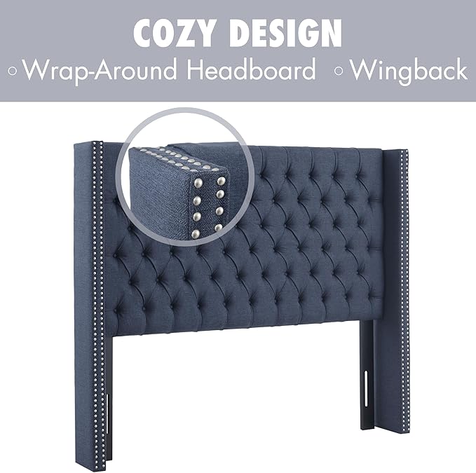 Madison Park King Button Tufted Headboard, Adjustable Upholstered Wingback Headboard, Nailhead Trim, Wooden Frame, Black Metal Legs, Flush Flat Back, Vintage Bedroom Décor - Navy Amelia