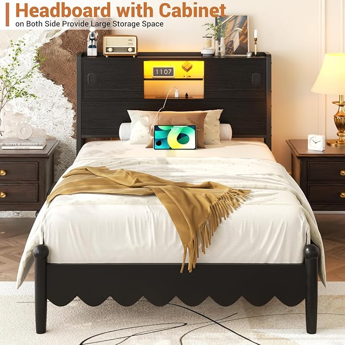 Homieasy Headboard for Twin Size Bed with Storage, Sturdy Bookcase Headboards with Outlet, USB & LED Light, Twin Size Headboard Only, Head Board with Sliding Doors & Bed Adapter for Bedroom, Black