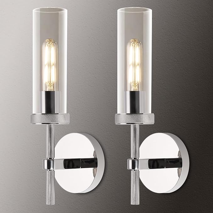 Knurled Wall Sconces Set of Two, Nickel Wall Sconce Lights, 14" Bathroom Wall Sconces, Glass Linear Sconce Wall Lighting, Vanity Lights Bathroom Light Fixture Wall Lights for Living Room, Hallway