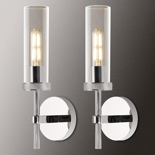 Knurled Wall Sconces Set of Two, Nickel Wall Sconce Lights, 14" Bathroom Wall Sconces, Glass Linear Sconce Wall Lighting, Vanity Lights Bathroom Light Fixture Wall Lights for Living Room, Hallway