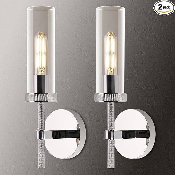 Chrome knurled Wall Sconces Set of Two, 14" Sconces Wall Lighting Indoors, Bathroom Vanity Light Wall Sconces, Wall Lights for Living Room Bedroom Hallway Kitchen Bathroom Mirror Including Bulb
