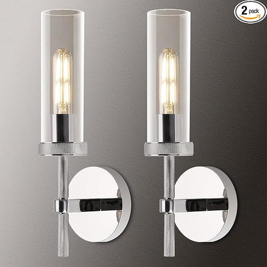 Chrome knurled Wall Sconces Set of Two, 14" Sconces Wall Lighting Indoors, Bathroom Vanity Light Wall Sconces, Wall Lights for Living Room Bedroom Hallway Kitchen Bathroom Mirror Including Bulb
