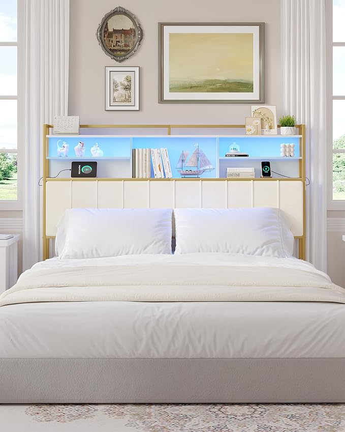 Headboard with 3-Tier Storage Shelves, Velvet Upholstered Head Board with 2 Outlets, USB Ports & LED Light, Soft Backrest for King Size Bed, White and Gold BH19403A