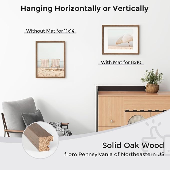 Axeman 11x14 Picture Frame with Mat for 8x10, Solid Oak Wood Picture Frames with Tempered Glass, Natural Wooden 11x14 inch Photo Frame for Wall with Wall Hook Included, Set of 2, Walnut