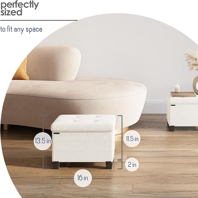 STORAGEBUD Storage Ottoman Cube with Small Bin, 16-in Square Ottoman with Storage for Living Room and Bedroom, Small Ottomans Foot Rest, Velvet Foot Stools Ottomans Max 330lbs, Cream