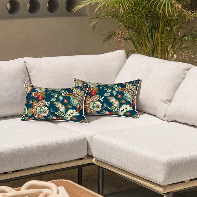 LVTXIII Outdoor Lumbar Pillow Covers 12"x20", Covers ONLY, 2 Pack 30x50cm Lumbar Cushion Cover with White Piping for Home Patio Garden Sofa Bench, Peacock Blue