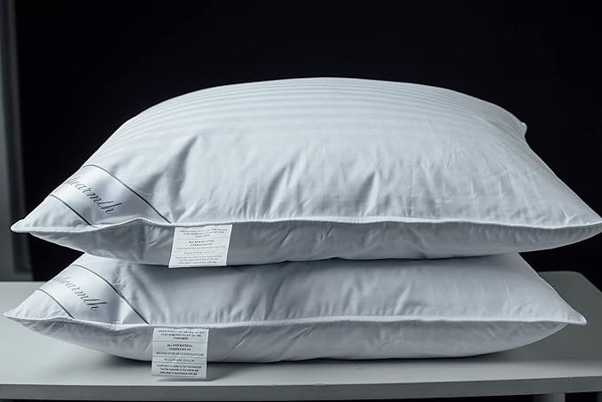 Goose Feather Blend with Polyester Bed Pillows 100% Cotton, Medium Firm Soft Support Queen Pack of 2, Stripe White