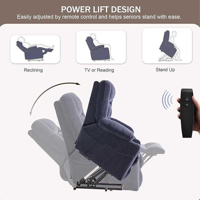 SALOHZA Power Lift Recliner Chair for Elderly with Massage and Heat for Living Room, Electric Recliner Chair for Adults with USB/Type C Port/Cup Holders, Velvet Fabric, Navy Blue