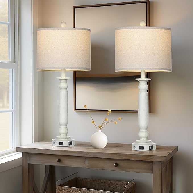 28.5" Farmhouse Table Lamps Set of 2 with USB C+A Ports & AC Outlet for Vintage Living Room Retro Bedroom,3-Way Dimmable Touch Lamp Resin Bedside Lamps for Nightstand Side End Table,White-2
