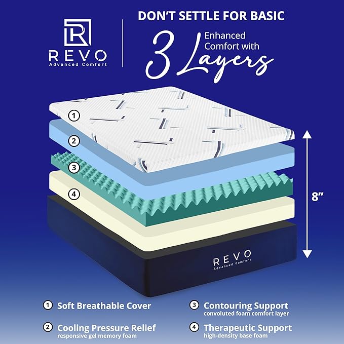 REVO Sleep Gel Memory Foam Mattress, 8-Inch Twin – Cooling Mattress with Pressure-Relieving Support and Breathable Comfort – Ideal for Kids, Guests, or Small Spaces