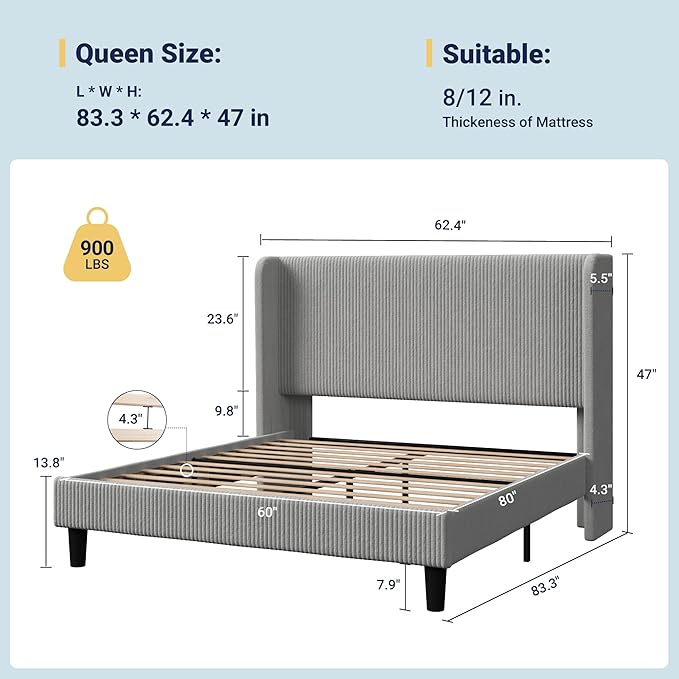 Allewie Queen Size Bed Frame with Upholstered Wingback Headboard, Vertical Channel Tufted Corduroy Velvet Platform Bed, Strong Wooden Slats Support, No Box Spring Needed, Easy Assembly, Light Grey