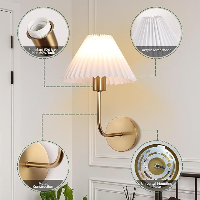 Wall Sconces Sets of 2, White Pleated Fabric lampshade, Brushed Gold Wall Lamp Curved Wall Lighting Bathroom Dresser Hardwired sconces wall decor Fixture Applicable to Living Room Bedroom Dining Room