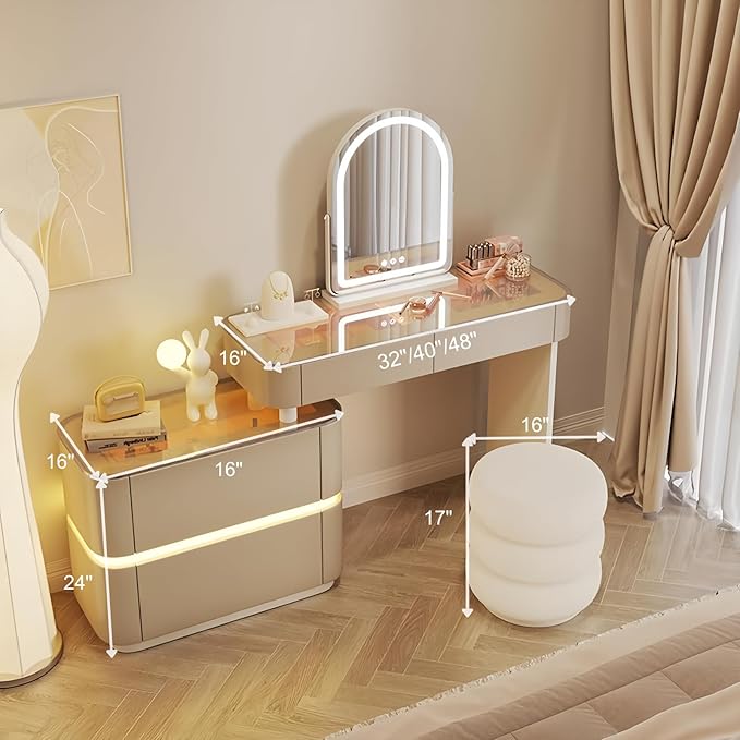 Vanity Set - Solid Wood Vanities Desk with LED Smart Mirror and Drawers, Modern Vanity Table with Glass Countertop and Makeup Stool, Vanities for Bedroom, Gifts for Her (Khaki)