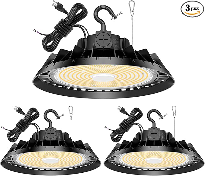 3Pack LED High Bay Lights, 240W UFO High Bay LED Shop Lights, 36000LM Adjustable CCT(5700K 5000K 4500K) & Power(240W 200W 150W), 0-10V Dimmable, 5' Cable Plug, IP65 Waterproof, ETL & DLC Listed