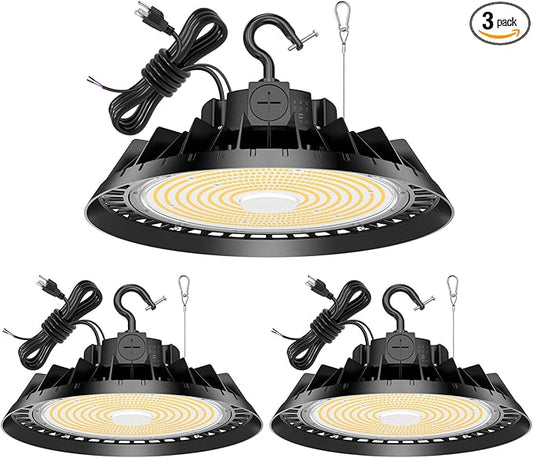 3Pack LED High Bay Lights, 200W UFO High Bay LED Shop Lights, 30000LM Adjustable CCT(5700K 5000K 4500K) & Power(200W 150W 100W), 0-10V Dimmable, 5' Cable Plug, IP65 Waterproof, ETL & DLC Listed