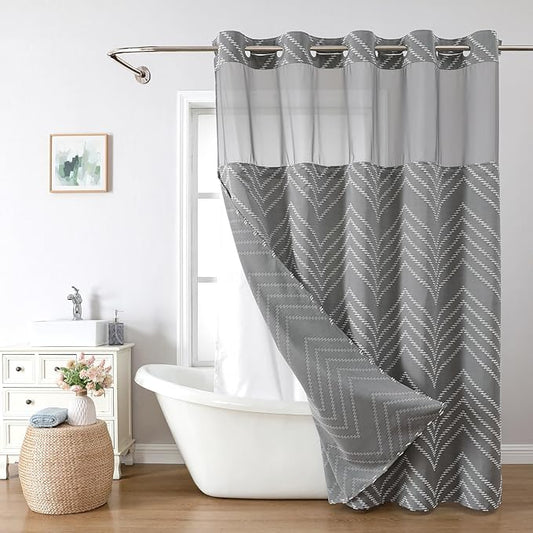 Grey No Hook Shower Curtain with Snap-in Liner Set,Boho Modern Farmhouse White Tufted Chevron Striped Design,Woven Fabric Bathroom Curtain,71x74