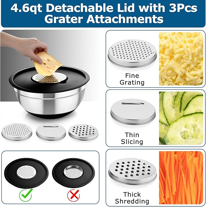 TeamFar Mixing Bowls Set of 5, Stainless Steel Nesting Salad Bowl with Lid & 3 Grater Attachments for Salad Mixing/Food Storage, Healthy, Airtight Lid & Non-slip Bottom - 4.6/3.5/2.5/1.5/1 QT
