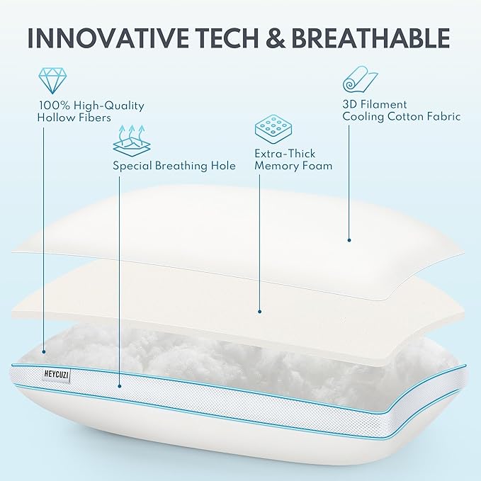 Pillow Queen Size Set of 1 for Sleeping - Fluffy Down Alternative Microfiber and Memory Foam Fill, Gusseted Soft Bed Pillow for Side,Back,and Stomach Sleepers,Breathable Hotel Pillows (Medium)