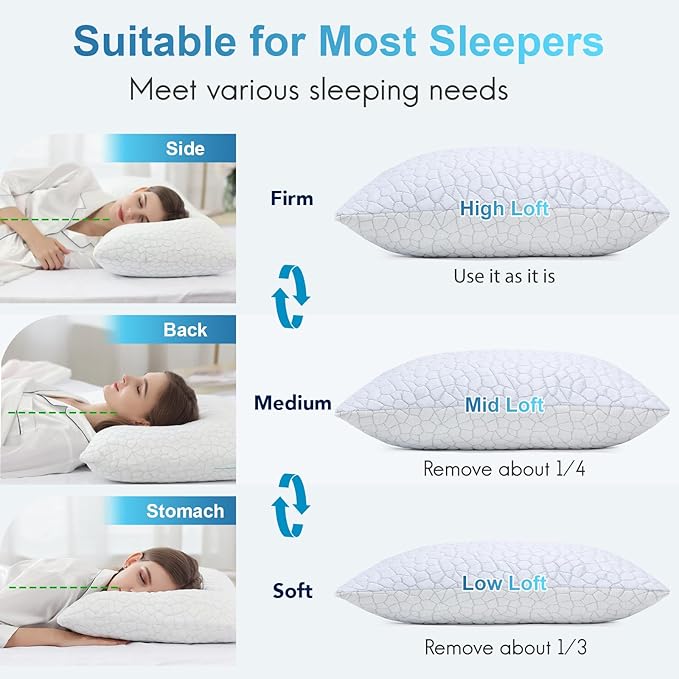 QUTOOL Cooling Pillows for Sleeping Shredded Memory Foam Pillows Gel Bed Pillow for Hot Sleepers Adjustable Pillow for Side Stomach Back Sleepers Home and Dorm Essentials for Deco, Gift for Women Men