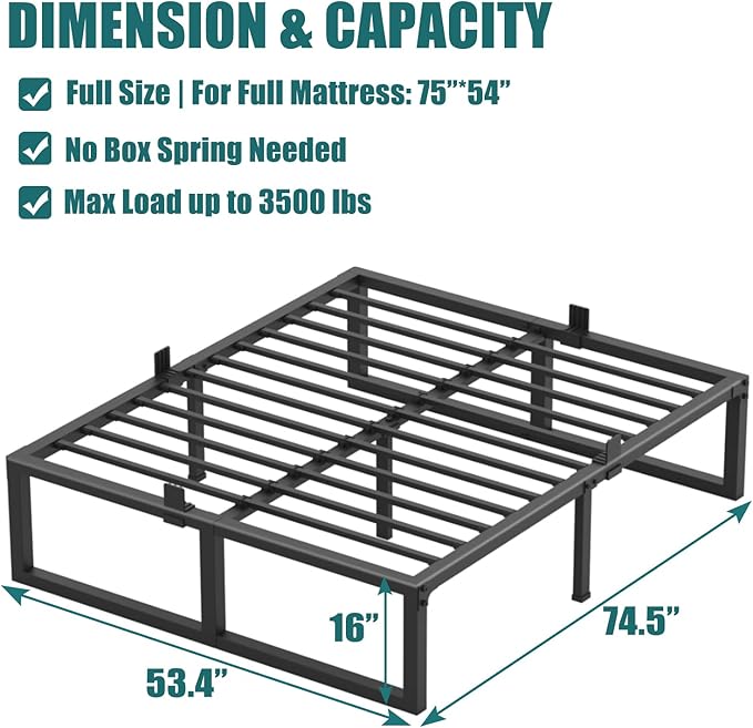 16 inch Full Size Bed Frame,3500 lbs Heavy Duty Metal Platform,Steel Slats Support/No Box Spring Needed/Noise Free/Non-Slip/Easy Assembly