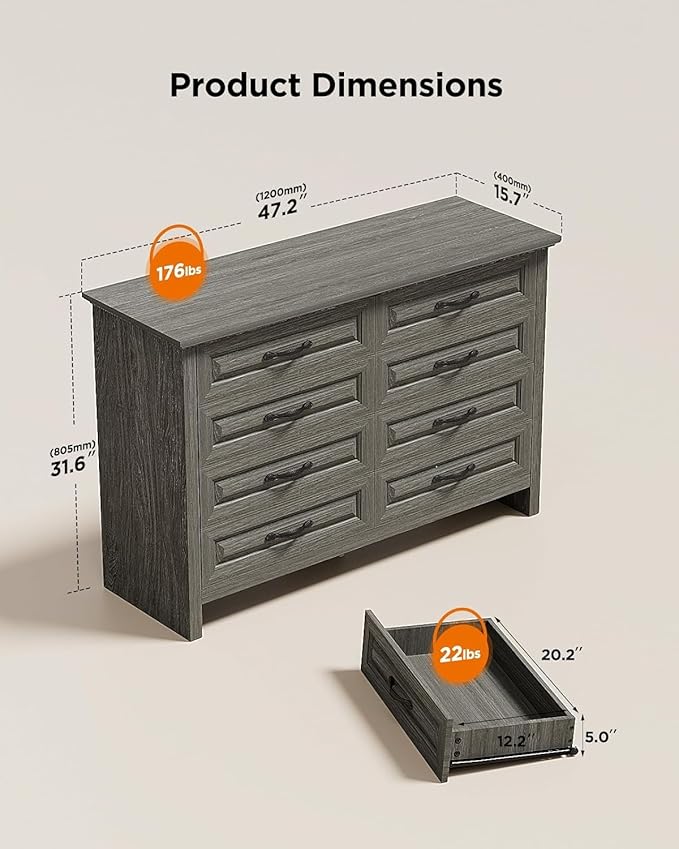 Pipishell Grey 8 Drawers Dresser for Bedroom, 47" Wide Wood Rustic Chest of Drawers with Bar Handles, Farmhouse Storage Dressers Organizer for Bedroom, Living Room, Hallway, Grey