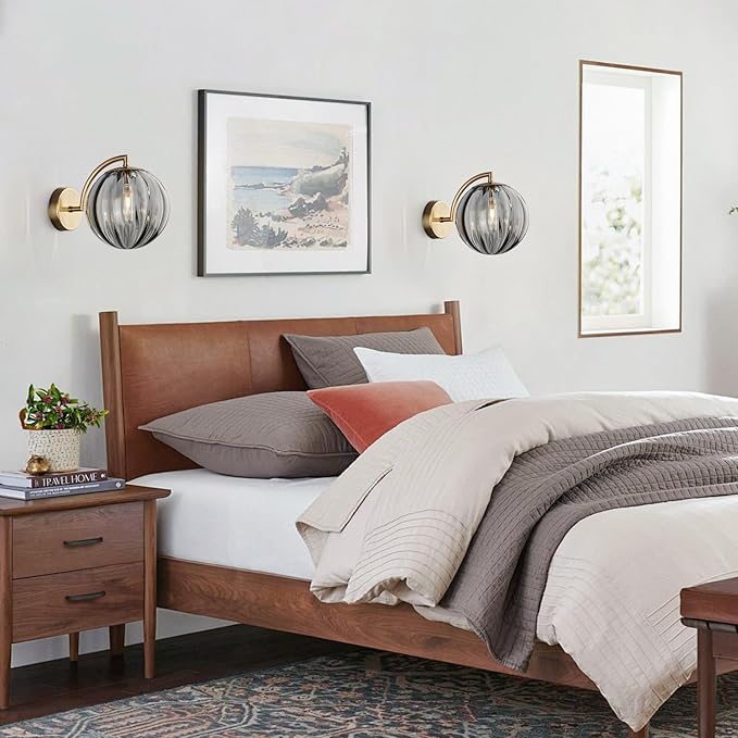 KCO Lighting Mid Century Modern Wall Mount Light Gold Wall Sconces Set of 2 Vintage Smoked Glass Wall Sconces Set of Two Farmhouse Bathroom Vanity Light Fixtures Brass Wall Sconce Globe Lamp