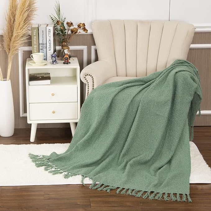 Gealaek Decorative Fluffy Green Throw Blanket Fringe Lightweight Fuzzy Faux Cashmere Soft Cozy Throws for Sofa Bed Farmhouse 50" x 60"