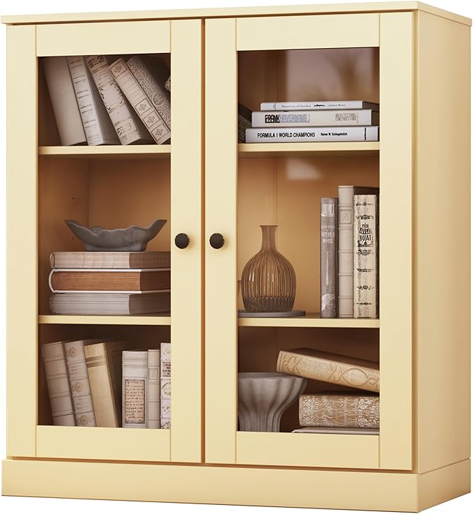 Palace Imports Solid Wood Bookcase - Floor Standing Bookshelf - 32” W - Display Furniture, Renewable 100% Eco-Friendly Wood, Made in Brazil (Yellow, Clear Glass Doors | 3-Shelf Short Bookcase)