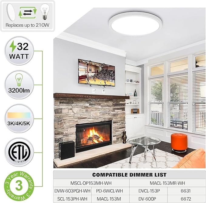 hykolity 18 Inch LED Round Flat Panel Light, White, 32W, 3200lm, 3000K/4000K/5000K CCT Selectable, 120°Beam Angle, Dimmable Edge-Lit Flush Mount Ceiling Light Fixture - ETL Listed