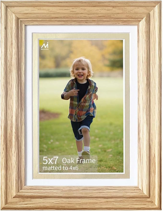5x7 picture Frame Matted to 4x6, 5*7 Solid Oak Wood Picture Frame ,4*6 Picture Frame with Mat ,5 by 7 Premium Photo Frame with Real HD Tempered Glass,Tabletop or Wall Mount Display,Oak Color, 1 Pack