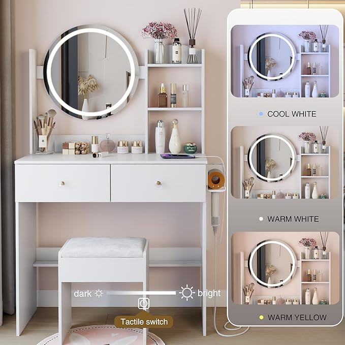 31.5" Small Vanity Desk with Round Mirror and Lights, Makeup Table with 2 AC+2 USB Power Station, Hair Dryer Bracket, Vanity Set with Drawers and Stool for Small Space Bedroom, White