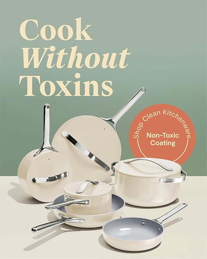 Caraway Deluxe Nonstick Ceramic Cookware Set (16 Piece) Pots, Frying Pans, Lids and Kitchen Storage - PFAS & PFOA Free - Oven Safe Ceramic Pan Set & Compatible with All Stovetops - Black